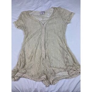 Muche et Muchette Cream Floral Lace Romper Boho Sheer Button Front One Size